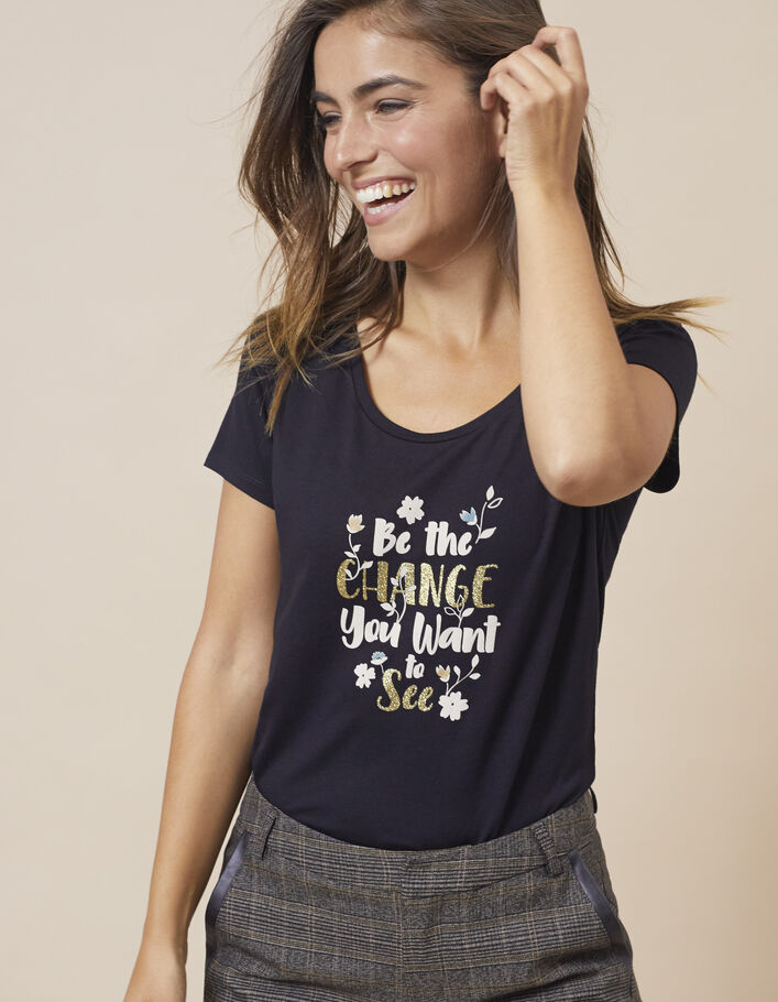 I.Code black slogan T-shirt with flowers and gold glitter - I.CODE