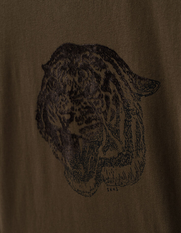 Men’s khaki velvet flocking tiger head T-shirt-2