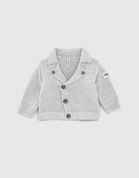 Kittgrau melierte Baby-Bikerstrickjacke aus Biobaumwolle - IKKS