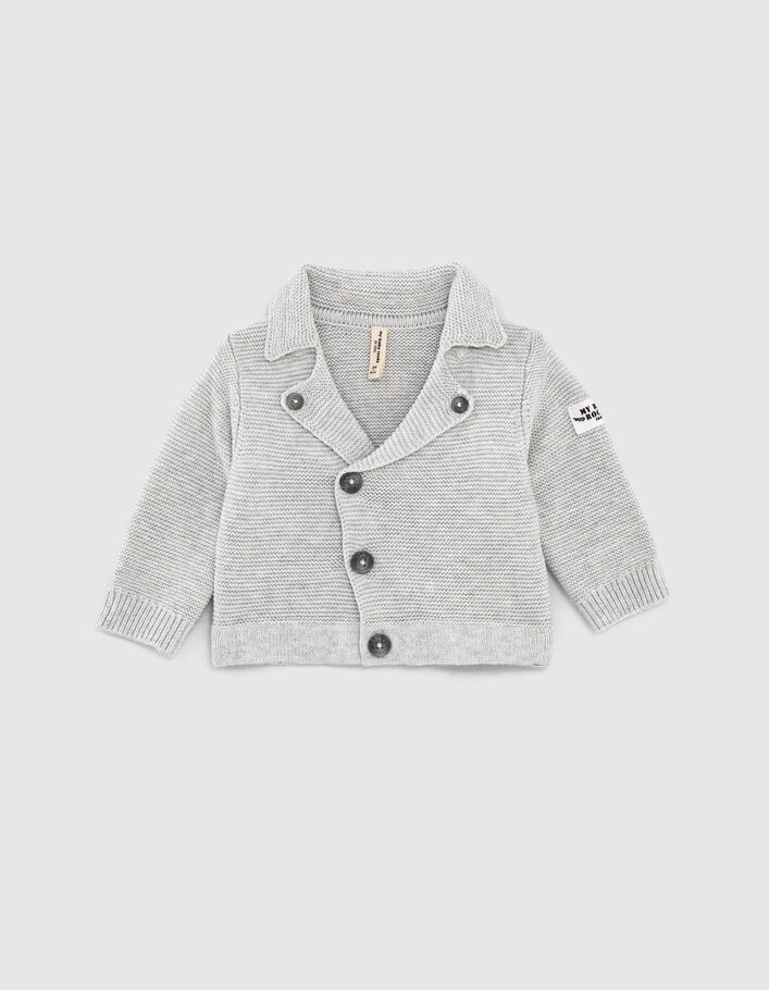 Kittgrau melierte Baby-Bikerstrickjacke aus Biobaumwolle - IKKS