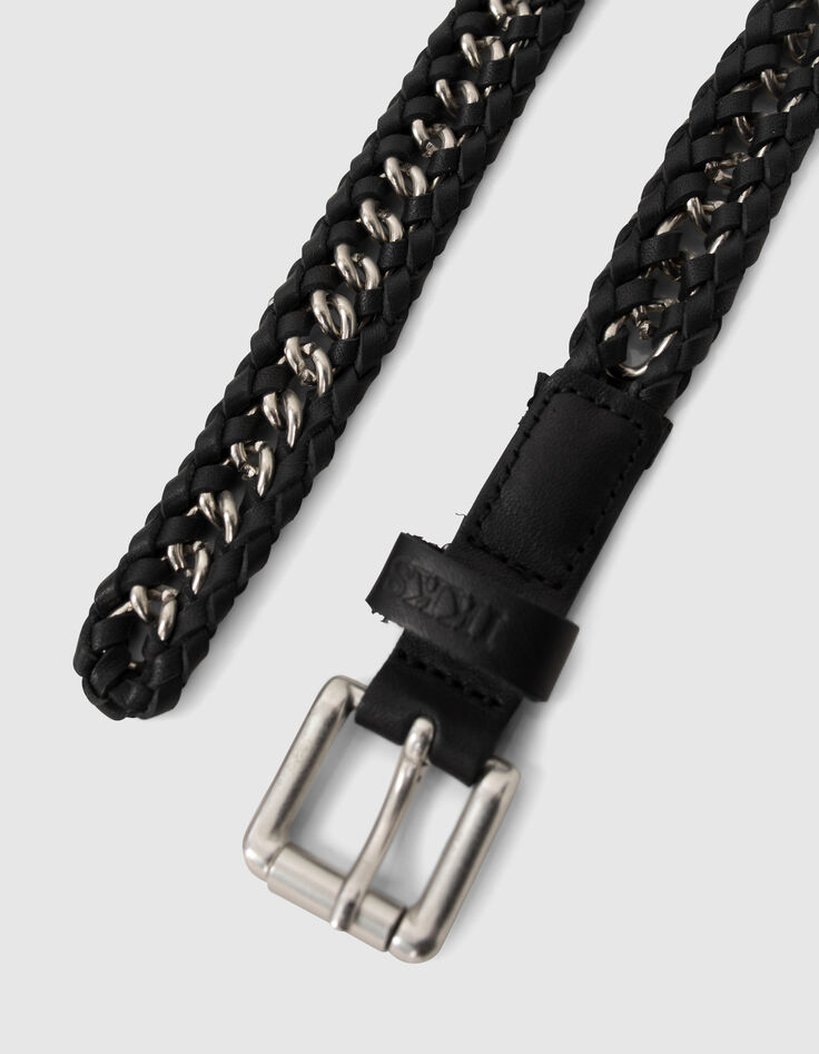 Ceinture fine en cuir noir et chaîne tressés Femme-4