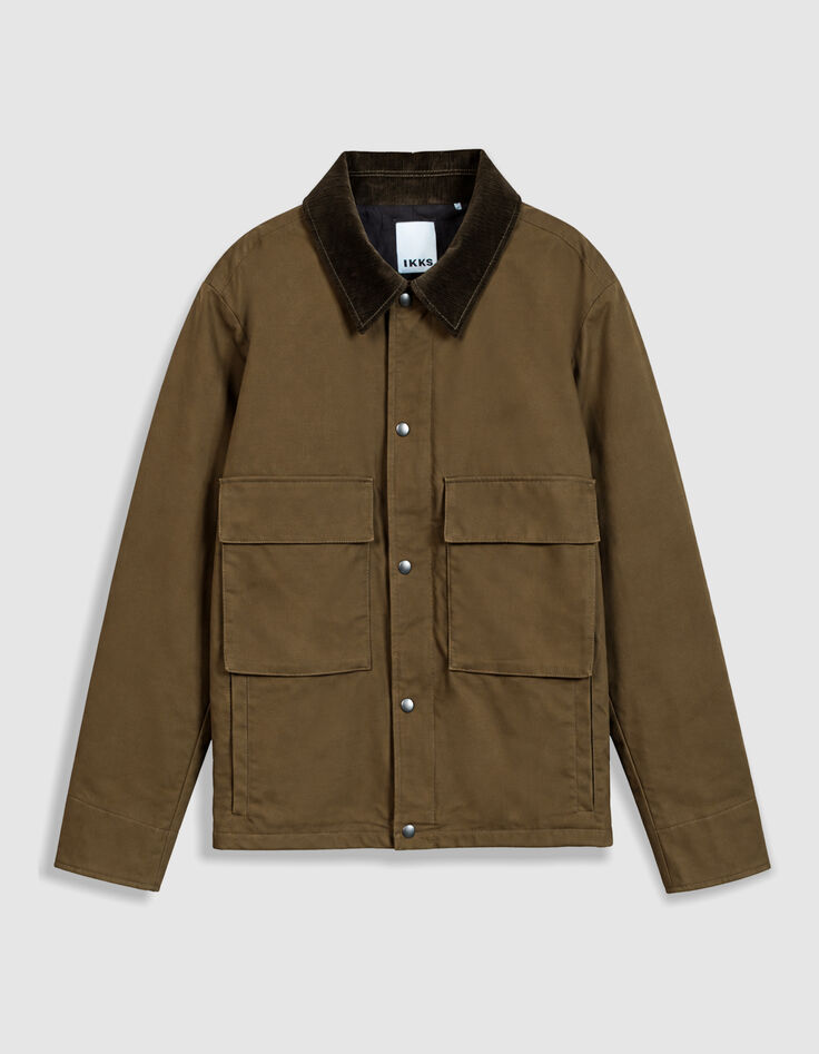 Khakifarbene Herren-Multitaschenjacke mit Samtkragen-7