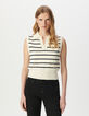 Pull polo blanc tricot rayures marine Femme-2