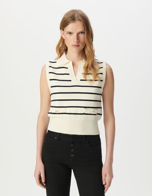 Jersey polo blanco punto rayas azul marino mujer - IKKS