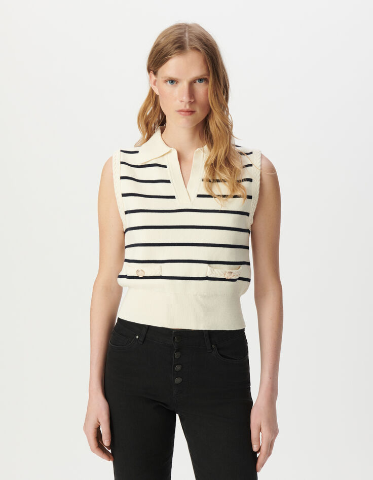 Pull polo blanc tricot rayures marine Femme-2