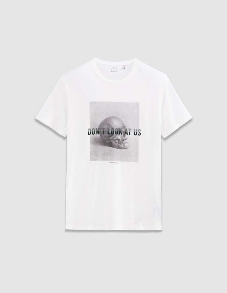 Men’s white T-shirt with skull image and flocked slogan-5