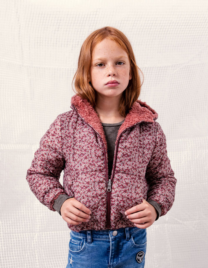 Chaqueta reversible rosa palo flores sherpa niña