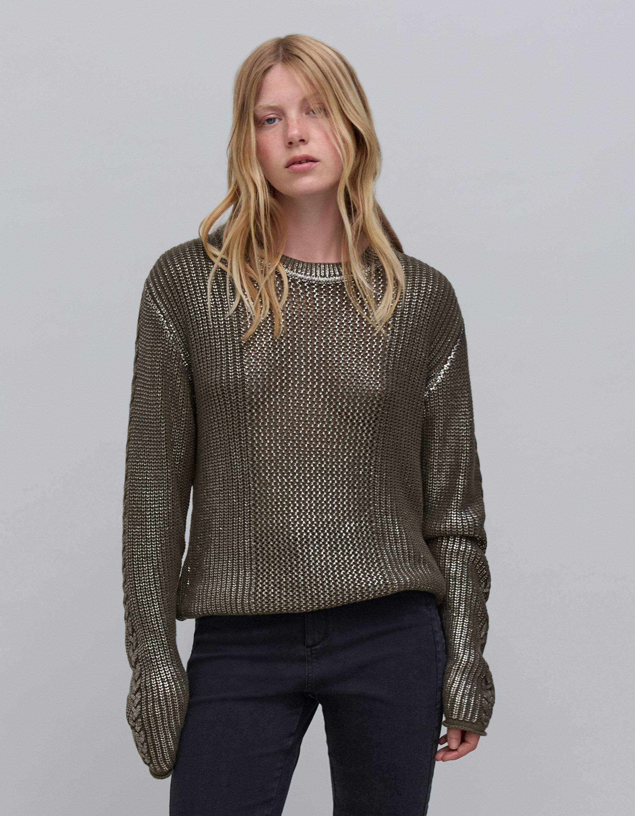 Pull kaki tricot ajoure enduit Femme IKKS