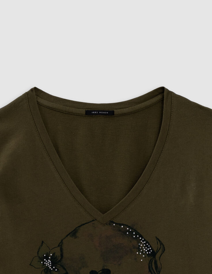 Tee-shirt encolure V kaki visuel t&ecirc;te de mort-3