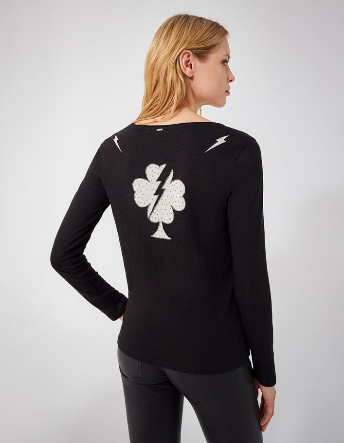 Camiseta algodón ecológico negra manga larga bordado mujer - IKKS