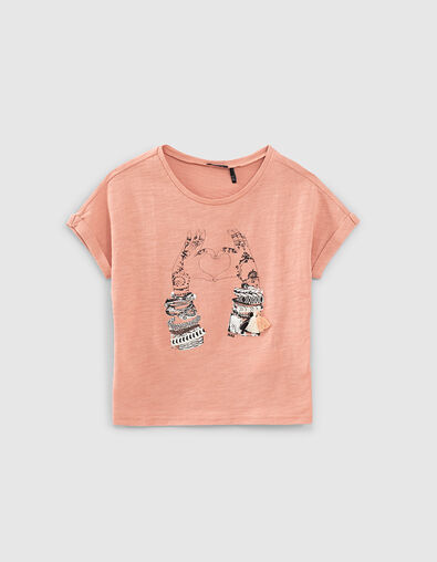 Girls’ dusty rose organic T-shirt + hands making a heart - IKKS
