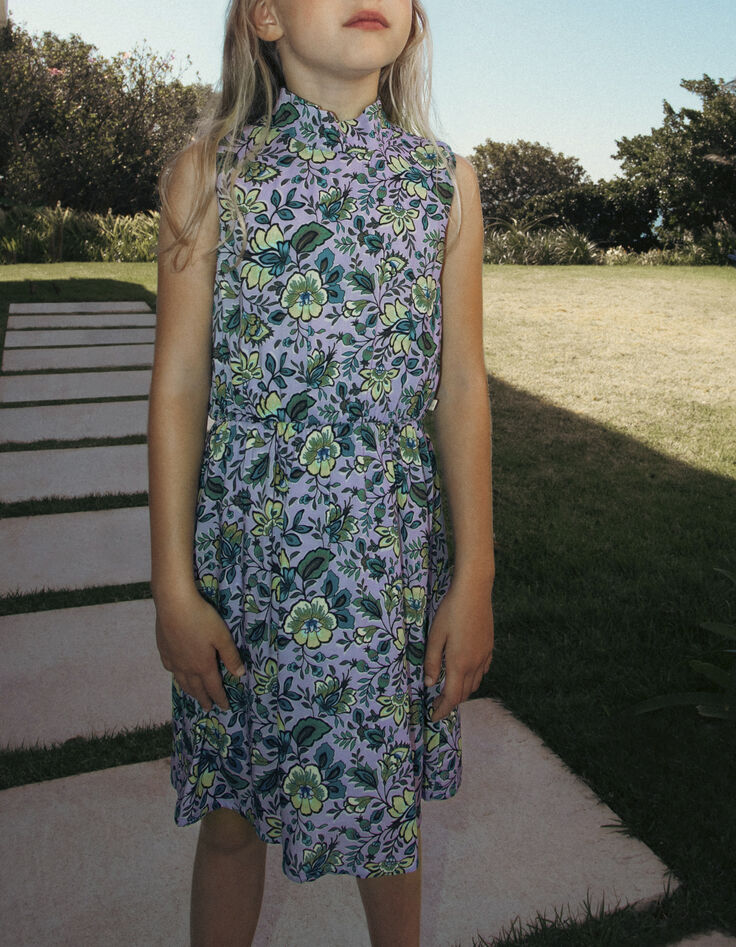 Lila Damenkleid, Drapé-Effekt, Maxi-Blumenprint-4