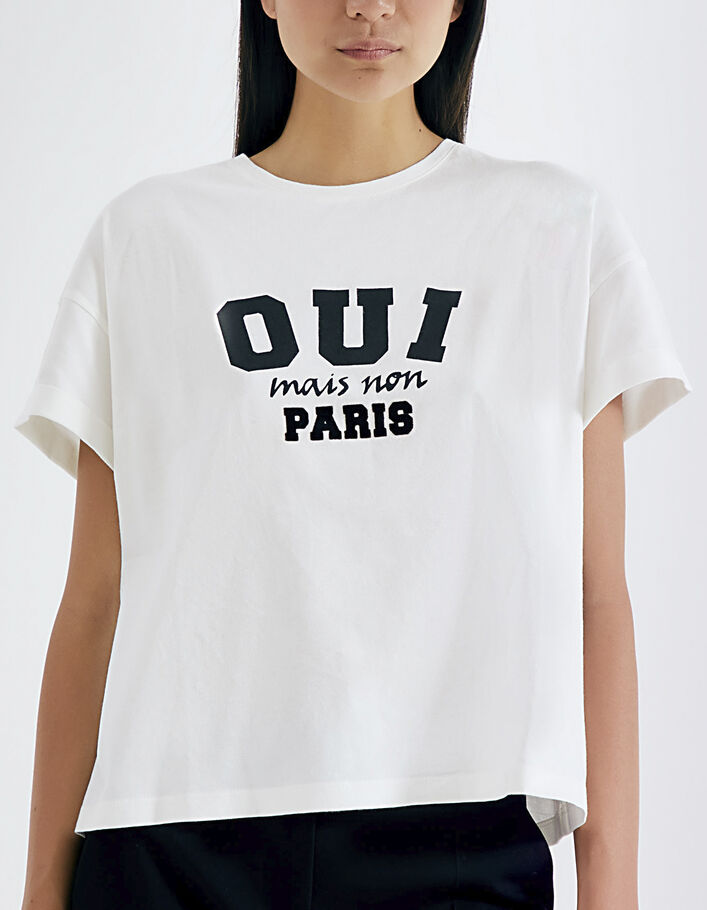 Weißes Damen-T-Shirt aus 100 % Baumwolle mit Paris-Motiv-1