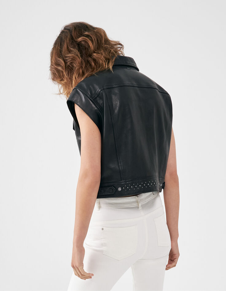 Veste en cuir ChromeFree noir sans manches à clous Femme-6