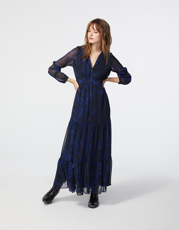 Robe longue volantée en voile imprimé floral Ikebana-2