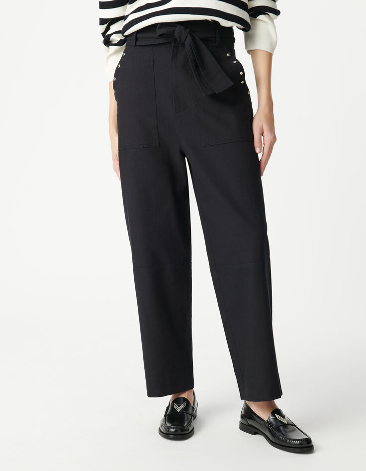 Schwarze Damen Paperbag Jeans mit weitem Bein und Nietenverzierung-2