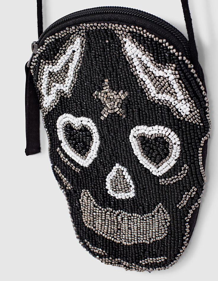 Sac à main noir forme tête de mort brodée fille-3