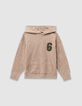 Beiger Jungen-Kapuzenpulli melierter Strick Zahlenbadge-4