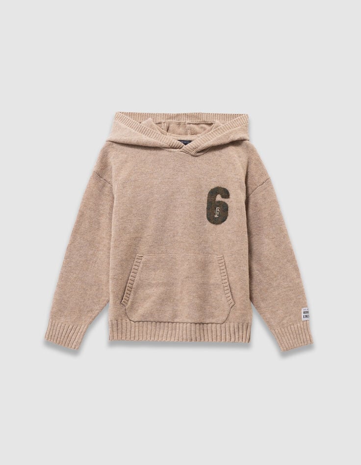 Beiger Jungen-Kapuzenpulli melierter Strick Zahlenbadge-4 Beiger Jungen-Kapuzenpulli melierter Strick Zahlenbadge-4