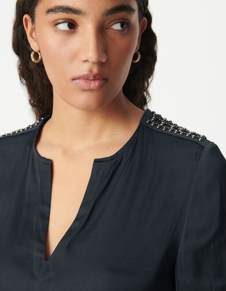 Crumpled navy top with jewelled shoulders Women-4