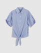 Camisa azul de manga corta a rayas para mujer-6