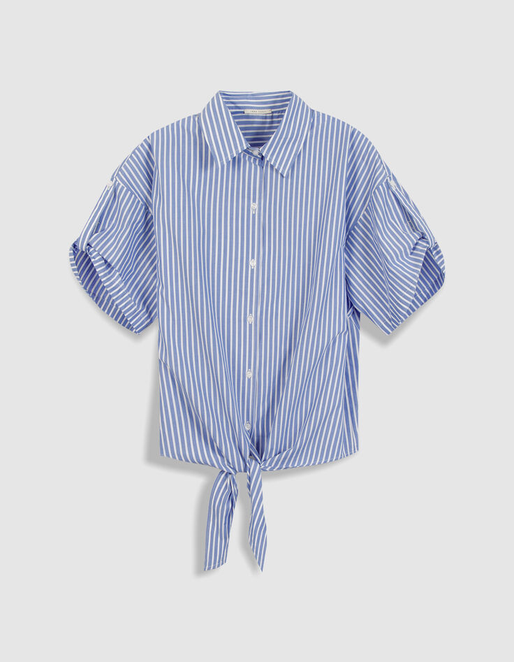 Camisa azul de manga corta a rayas para mujer-6