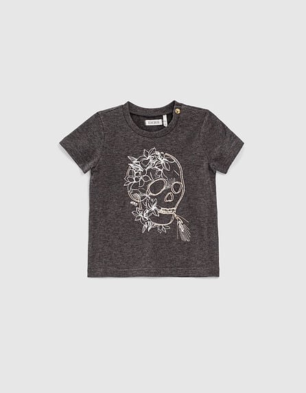 T-shirt gris tête de mort brodée bio bébé garçon 