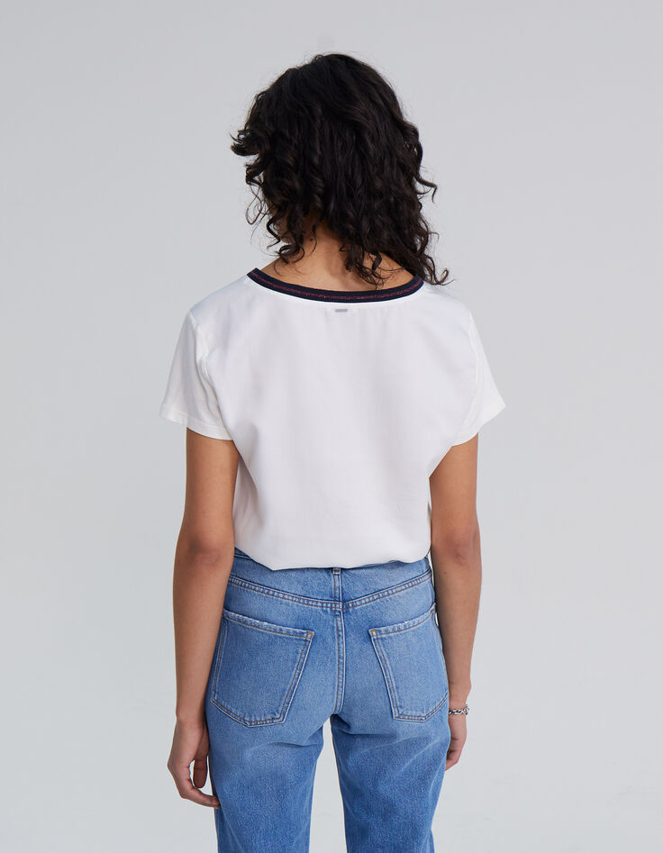 Ecru T-shirt gestreepte marine ribboord Dames-3 Ecru T-shirt gestreepte marine ribboord Dames-3