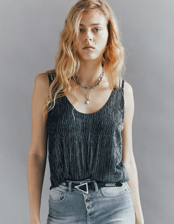 pin Expect it Achieve Women's metallic black vest top with striped straps