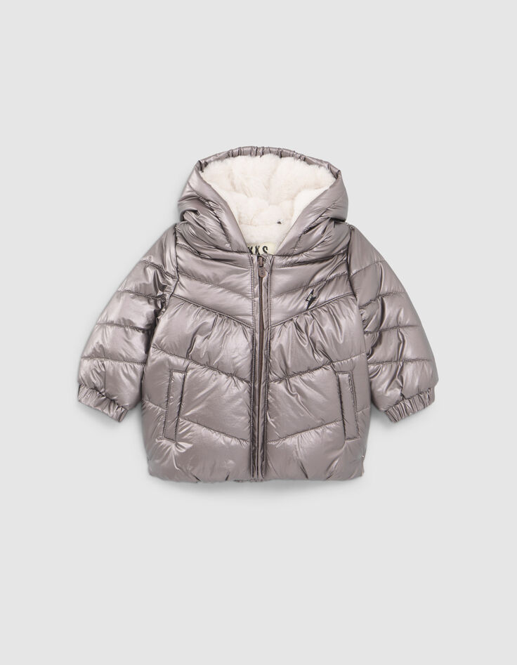 Gefütterte Babymädchen-Kapuzen-Steppjacke, Metallic Parma-1