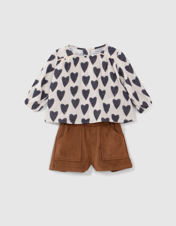 Ensemble 2-en-1 blouse coeurs et short camel bébé fille-2