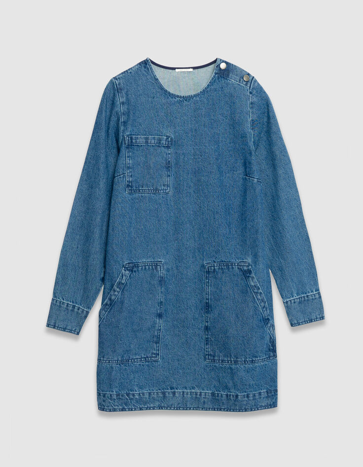 Blauwe denim jurk met drie opgestikte zakken Dames-6