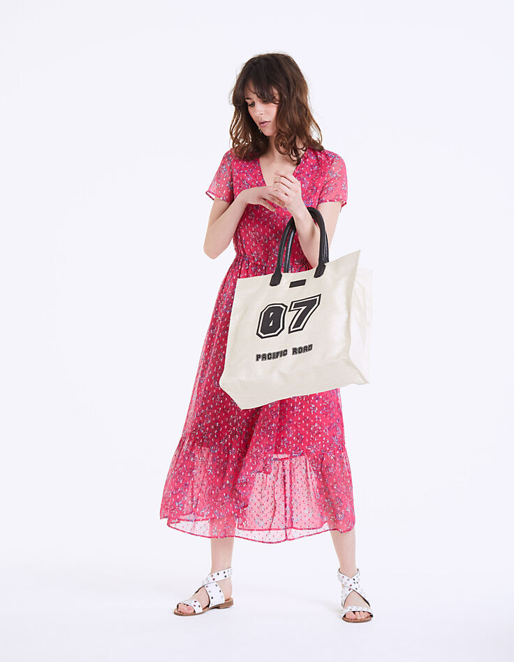 Robe longue cintrée voile imprimé floral pivoine métallisé-6