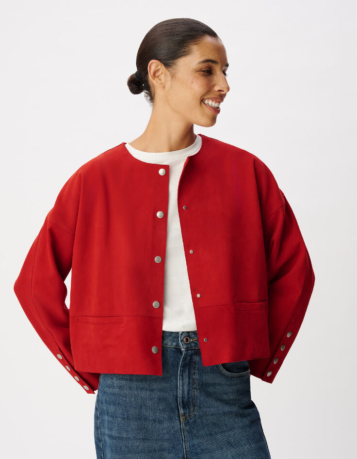 Veste en cuir velours rouge Femme-4