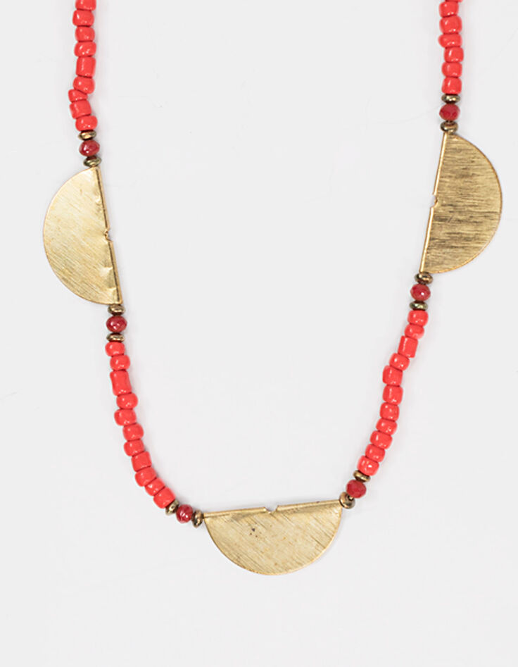 Women’s coral beads gold metal half-moon necklace-2