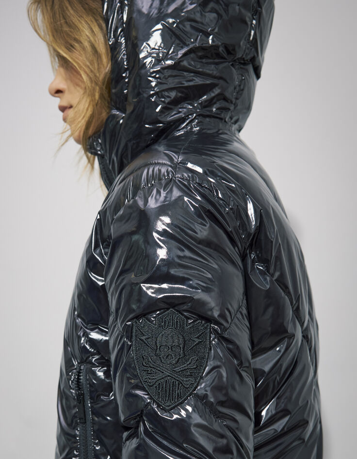 Women’s black vinyl hooded short padded jacket-4