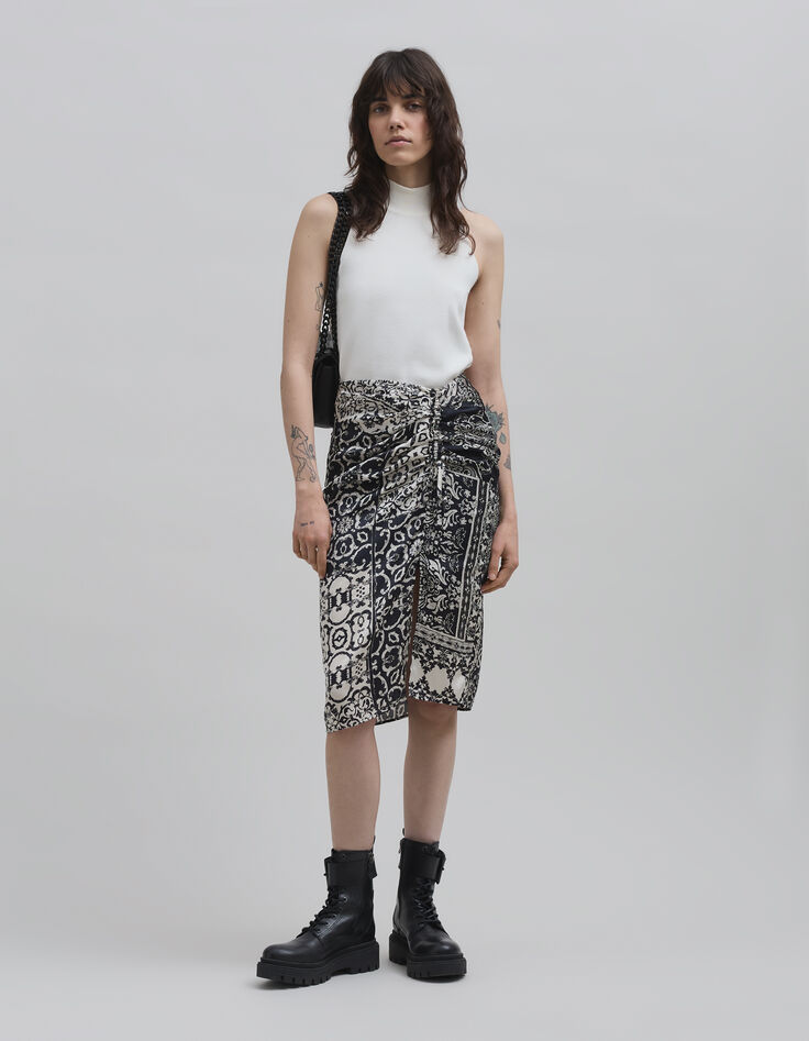Falda negra fruncida estampado patchwork pa&ntilde;uelo Mujer-1