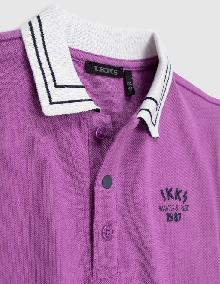 Boys’ purple pique knit polo shirt with striped ribbing-7