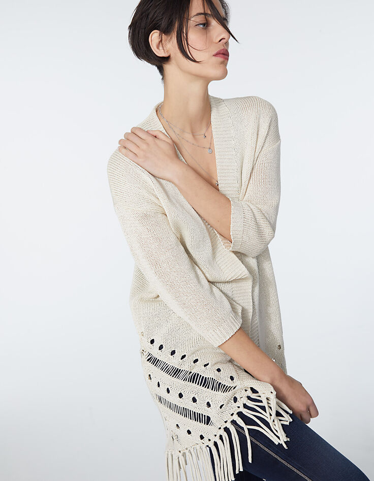Women’s off-white fringed knit cardigan-1 Women’s off-white fringed knit cardigan-1