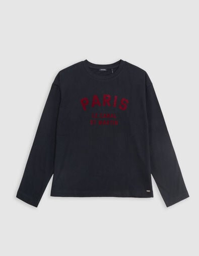 Black t-shirt with velour flocked message for girl - IKKS