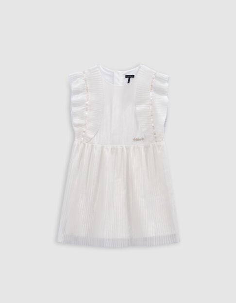 Ecru irisierendes Mädchenplisseekleid, Rüschen an Ärmeln - IKKS