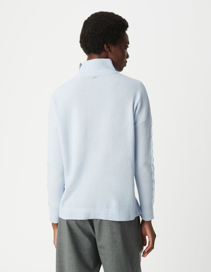 Damen himmelblauer Stehkragen-Strickpullover mit Strasskn&ouml;pfen-3