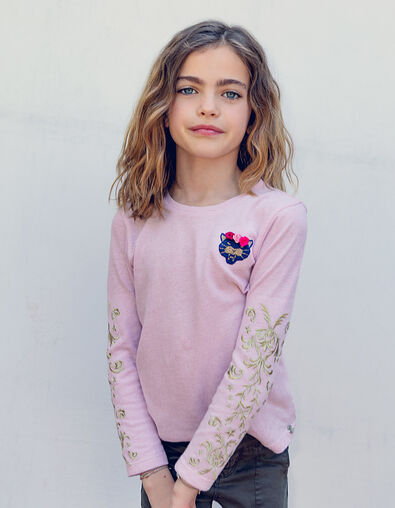 Tee-shirt rose à rayures pailletées et patch fille - IKKS