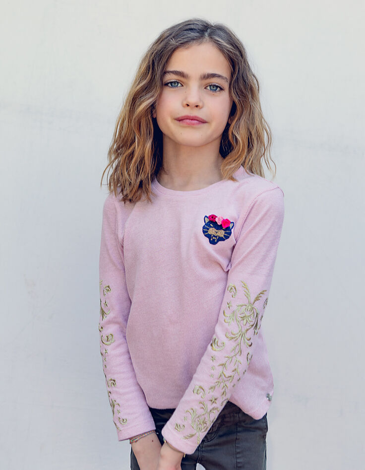 Tee-shirt rose à rayures pailletées et patch fille-1