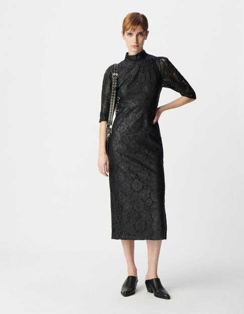 Women's black coated lace midi dress - IKKS