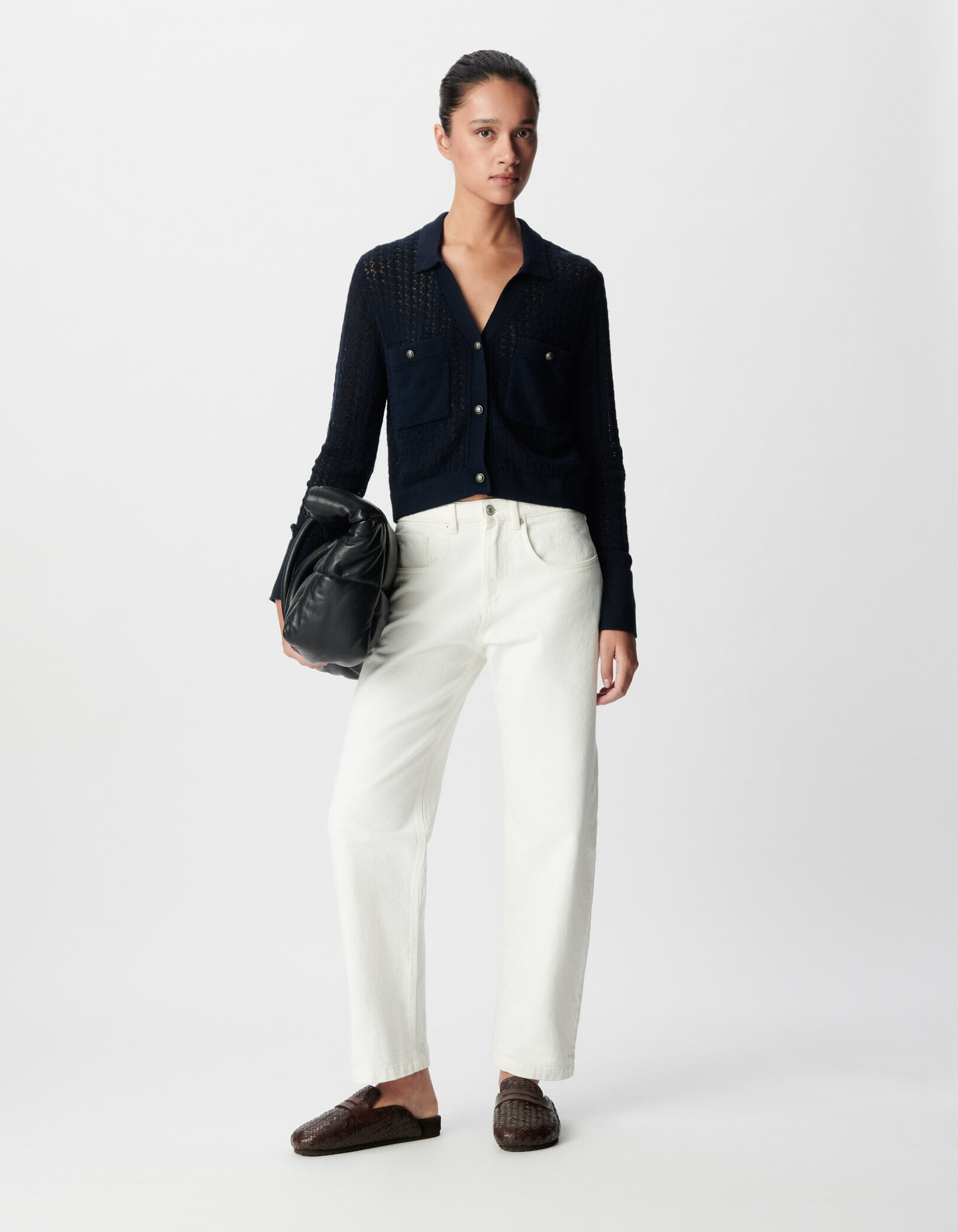 Women's navy openwork knitted short cardigan