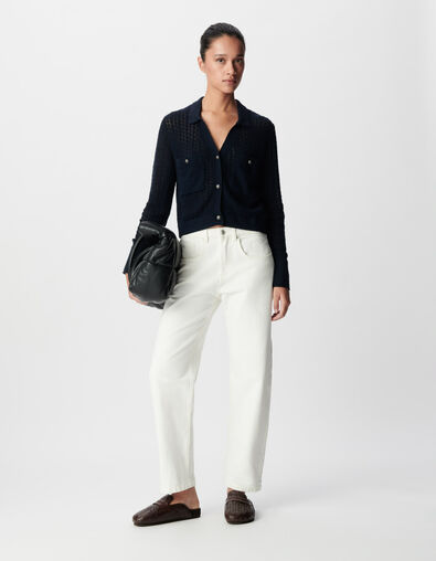 C&aacute;rdigan corto de punto calado azul marino para Mujer - IKKS