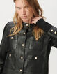 Kurze, schwarze Damenlederjacke vier aufgesetzte Taschen-4
