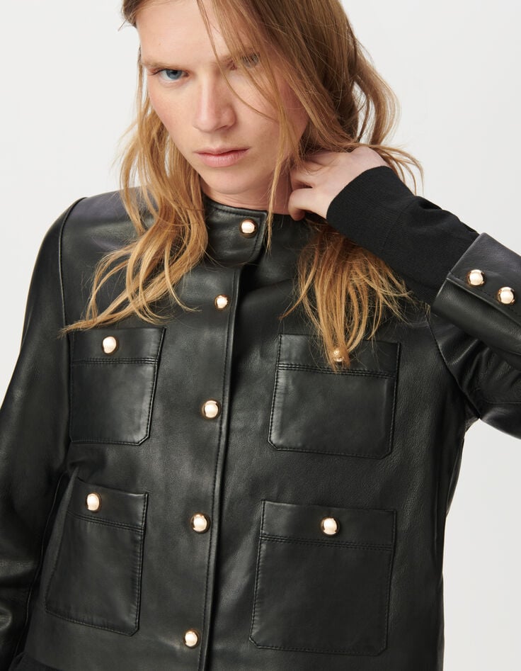 Kurze, schwarze Damenlederjacke vier aufgesetzte Taschen-4 Kurze, schwarze Damenlederjacke vier aufgesetzte Taschen-4