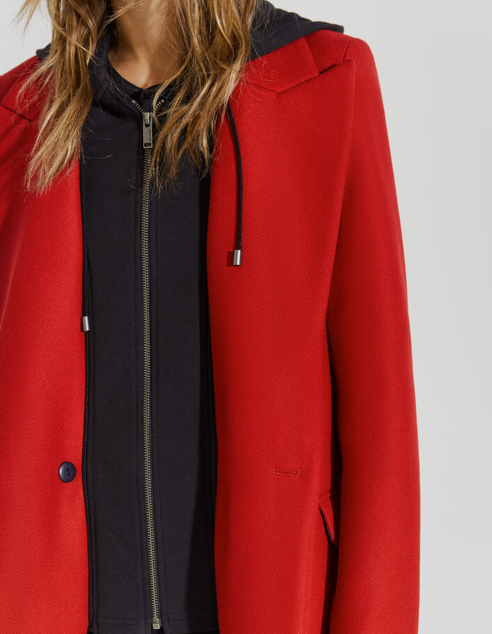 Manteau rouge mi-long en laine à capuche en molleton femme - IKKS